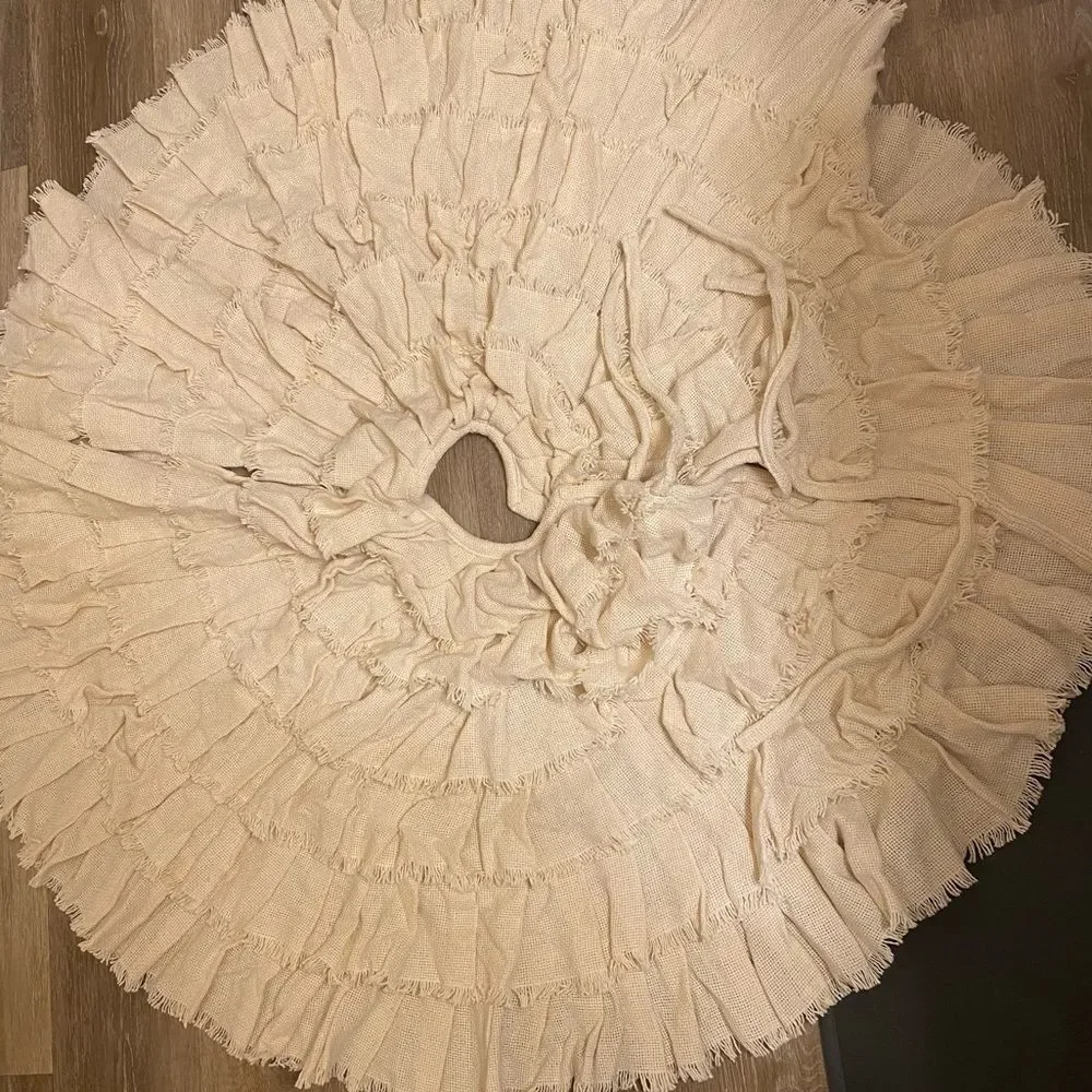 Burlap cotton ruffled Christmas tree skirt farmhouse boho rustic country decor